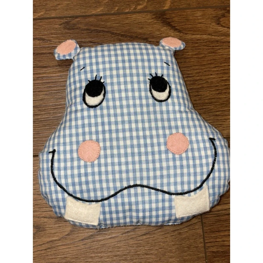 Vintage Handmade Hippo tooth fairy pillow With Small (Teeth) Pockets Blue Gingha